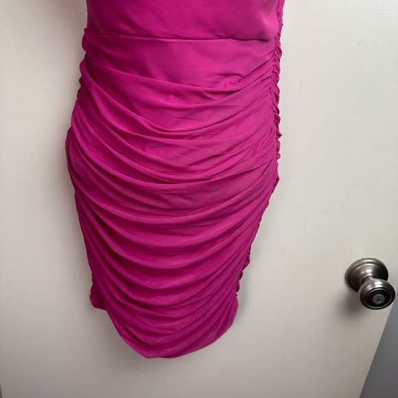 Hello Molly Hot Pink Adjustable Spaghetti Strap Mesh Overlay Ruched Mini Dress 8 - Picture 9 of 15